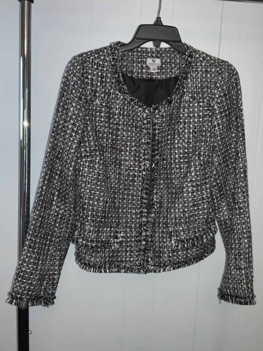 Worthington black white tweed zip front jacket Sz L frayed fringe trim